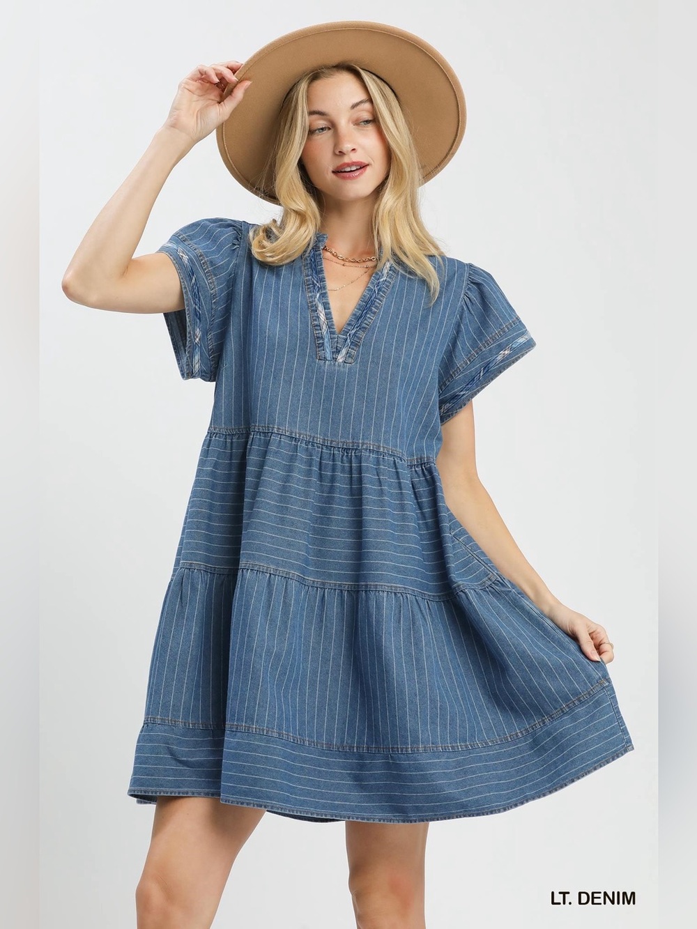 Umgee Chambray Tiered Babydoll Dress